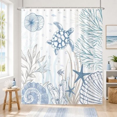 Hopomoon Sprchový závěs 180x180 cm, sprchový závěs mořská želva modrý oceán pláž pobřeží voděodolný pratelný – Hledejceny.cz