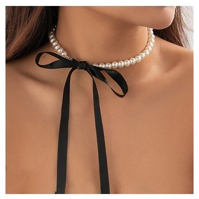 Náhrdelník Choker - perlový s mašlí, Barva Bílá Infinity S5982