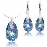 Swarovski Elements Pear stříbrná sada set souprava náušnice a přívěsek s řetízkem modrá slzička kapka 39169.4 Aquamarine modrá světlá azurová nebeská – Zboží Dáma