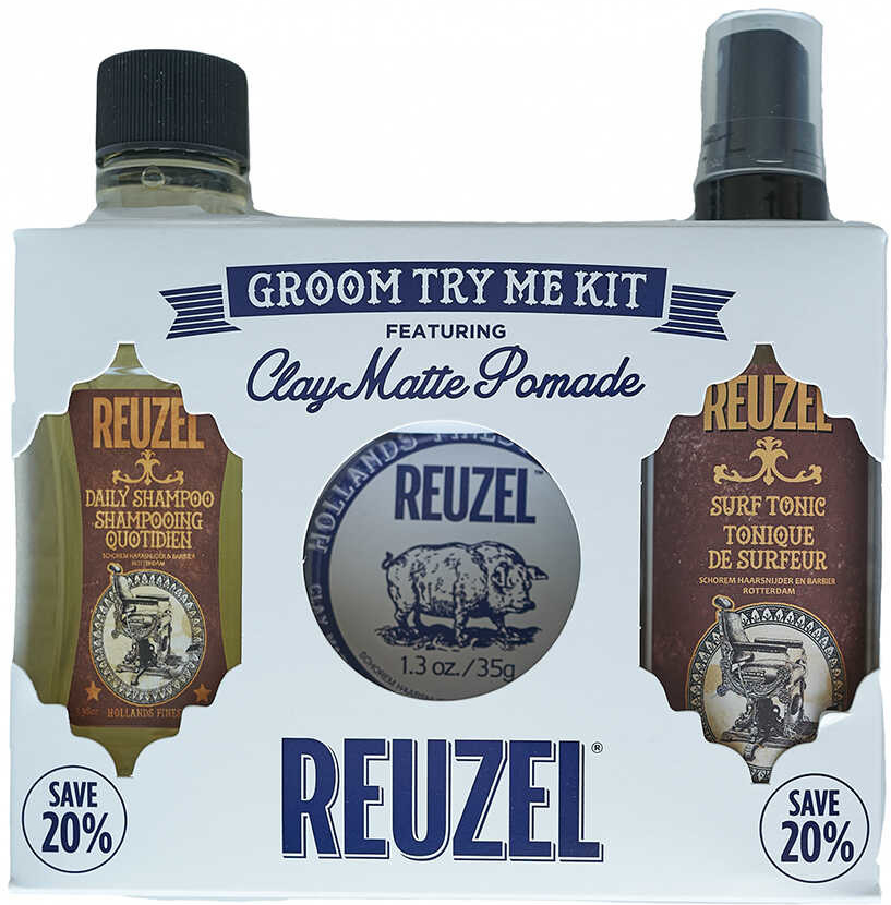 Reuzel Groom Try Me Kit Clay Matte pomáda 35 g + daily šampon 100 ml + surf tonic 100 ml dárková sada