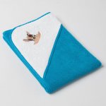 Veba LOTA osuška s kapucí tyrkysovo/bílá s výšivkou Zvědavý pejsek tmavá tyrkysová lemovka 75x75 cm – Zboží Dáma