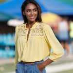 Halenka na knoflíčky s macramé žlutá – Zboží Dáma