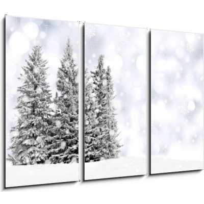 Obraz 3D třídílný - 105 x 70 cm - Snowy trees with twinkling silver background and snowflakes Zasněžené stromy s blikajícím stříbrným pozadím a sněhové vločky – Zboží Mobilmania