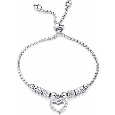 Šperky Eshop ocelový náramek stříbrná srdce se zirkony lesklé kuličky silnější řetízek S76.15