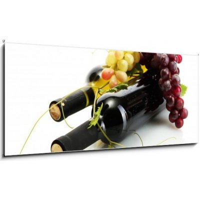 Obraz 1D panorama - 120 x 50 cm - bottles of wine and ripe grapes isolated on white láhve vína a zralé hrozny izolovaných na bílém – Hledejceny.cz