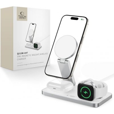 Tech-Protect Bezdrátová nabíječka pro iPhone, Apple Watch a AirPods - Tech-Protect, QI15W-A47 Wireless Charger White – Zboží Živě