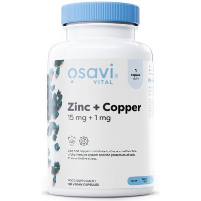 Osavi Zinc + Copper, zinek a měď, 15 mg + 1 mg, 120 rostlinných kapslí – Hledejceny.cz