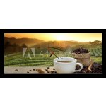 Obraz s hodinami 1D panorama - 120 x 50 cm - Hot Coffee cup with Coffee beans on the wooden table and the pla Horký šálek kávy s kávová zrna na dřevěný stůl a pla – Hledejceny.cz