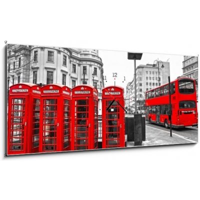 Obraz s hodinami 1D panorama - 120 x 50 cm - Red telephone boxes and double-decker bus, london, UK. Červené telefonní schránky a dvojité