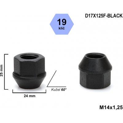 Kolová matice M14x1,25 kužel otevřená, klíč 19, D17X125F-BLACK černá, výška 25mm