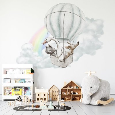 Gario Dětská nálepka na zeď Adventure in the skykočkapejsek a husa v balonu Rozměry: 100 x 76 cm
