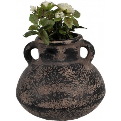 Černo-šedý keramický obal na květináč/ váza s uchy a květy - Ø 15*13 cm – Zboží Mobilmania