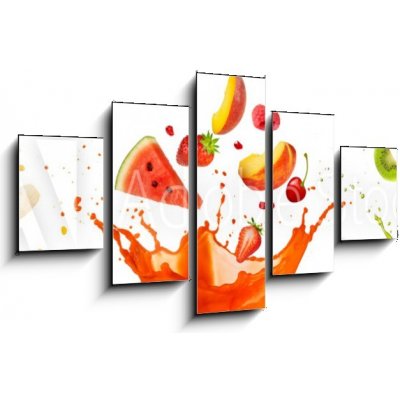 Obraz 5D pětidílný - 125 x 70 cm - mixed fruit falling into juices splashing on white background smíšené ovoce spadající do šťávy stříkající na bílém pozadí – Zboží Mobilmania