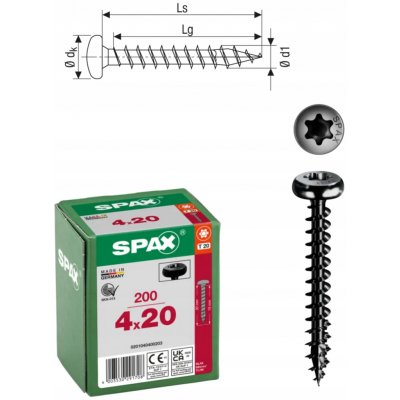 Šrouby do dřeva SPAX 4x20 mm, plný závit, talířová hlava, černé, 200 ks – Hledejceny.cz