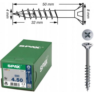 SPAX vruty 4x50mm Pz zápustná hlava, plný závit, pozink – Hledejceny.cz