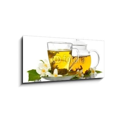 Skleněný obraz 1D panorama - 120 x 50 cm - green tea with jasmine in cup and teapot isolated on white zelený čaj s jasmínem v šálku a čajové konvice izolovaných na bílém – Zbozi.Blesk.cz