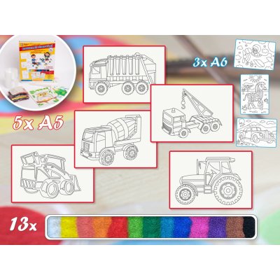 Radost v písku Sada střední PRACOVNÍ STROJE Barevné pískování obrázků A4 – Zboží Dáma
