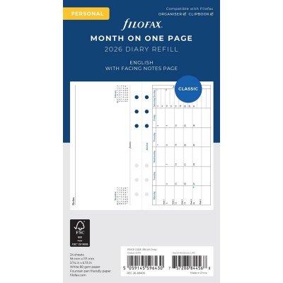 Filofax Měsíční kalendář 2026, měsíc/1 strana, Aj náplň osobních diářů A6 – Zboží Dáma