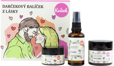 Kvitok Afrodiziakální dárkový balíček z lásky masážní olej 50 ml + tělový krém 60 ml + svíčka 30 ml