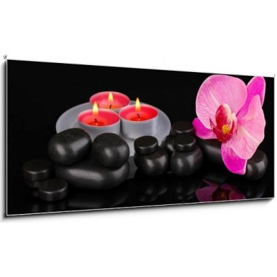 Obraz 1D - 120 x 50 cm - Spa stones with orchid flower and candles isolated on black Lázeňské kameny s orchidejovou květinou a svíčky izolované na černém – Zboží Mobilmania