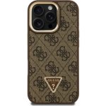 Guess PU 4G Strass Triangle Logo Stand Camera Frame MagSafe Zadní pro Apple iPhone 16 Pro, hnědá – Zboží Mobilmania