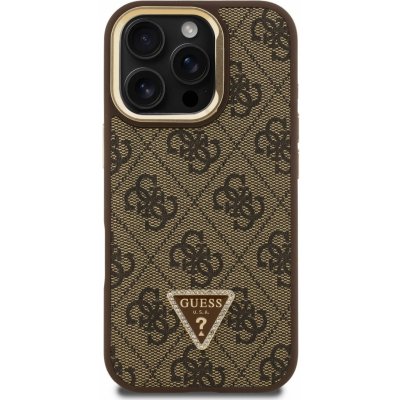 Guess PU 4G Strass Triangle Logo Stand Camera Frame MagSafe Zadní pro Apple iPhone 16 Pro, hnědá – Zboží Mobilmania