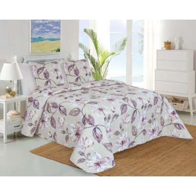 Jahu přehoz na postel EMILIE květinový vzor fialovo-béžový 220 x 240 cm, 2 ks 45 x 45 cm
