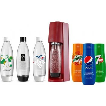 SodaStream Spirit Red + láhve FUSE 3 x 1l + Sirup Mirinda 440 ml + Sirup 7UP 440 ml + Sirup Pepsi 440 ml