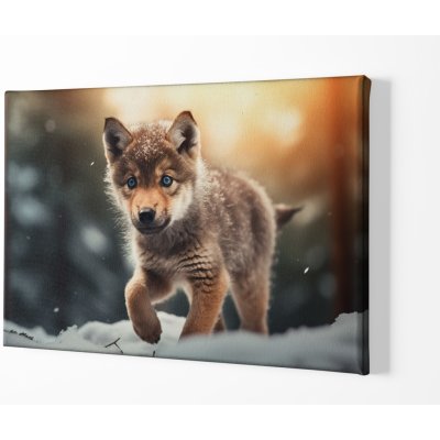 Obraz na plátně - Malé vlče objevuje zimní les FeelHappy.cz Velikost obrazu: 210 x 140 cm