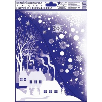 Anděl Přerov Okenní fólie bez lepidla rohová s glitrem zimní krajina vesnička 42 x 30 cm – Hledejceny.cz