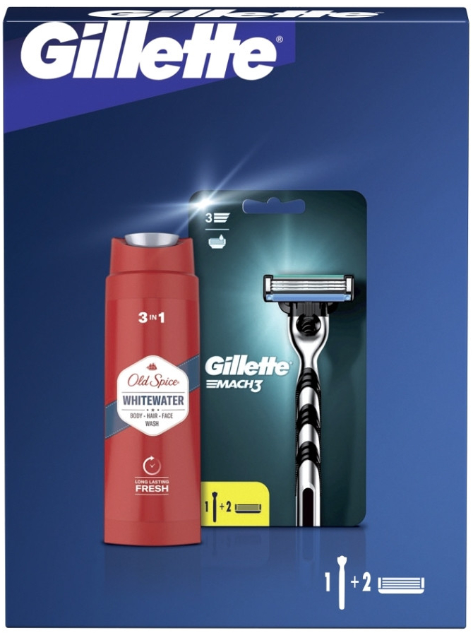 Gillette Dárková Sada: Mach3 pánský holicí strojek, Old Spice Whitewater 3 v 1 sprchový gel se svěží vůní 250 ml