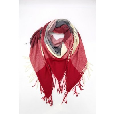 Classic Scarf dámská červená šedá smetanová kostkovaná vlněná šála / čtvercový šátek karo a třásně – Zboží Mobilmania