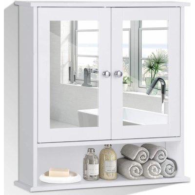 COSTWAY Zrcadlová skříňka s výškově nastavitelnou policí a zrcadlovými dvířky, koupelnová skříňka na zeď, koupelnová skříňka, 58,5x56,5x13,5 cm Bílá – Zbozi.Blesk.cz