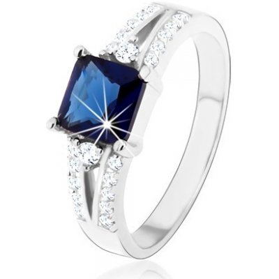 Šperky eshop zásnubní prsten stříbro 925 modrý zirkonový čtverec zdobená ramena HH2.11