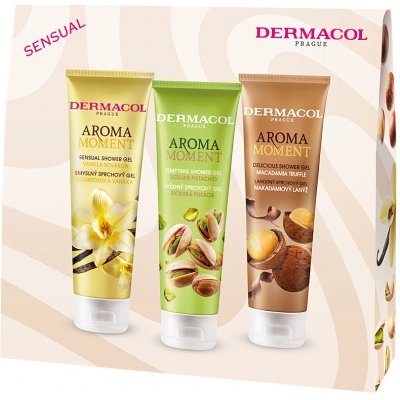 Dermacol Aroma Moment mix fruit Sicilská pistácie sprchový gel 250 ml + Vanilka dprchový gel 250 ml + Makadamiový lanýž sprchový gel 250 ml dárkové balení – Zboží Dáma