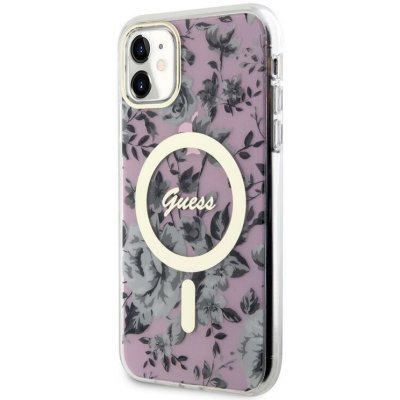 Pouzdro Guess flowers IML gelové s pevnými zády s MagSafe iPhone 11 - růžové