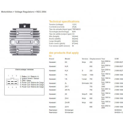 DZE regulátor napětí KAWASAKI VN 750 94-06; VN 1500 96-99; ZX 6 93-01; ZX-6R 95-97; ZR-7 (RGU-404,ESR260) (21066-1089, 21066-027) (SH650GA, SH650A-12) – Hledejceny.cz