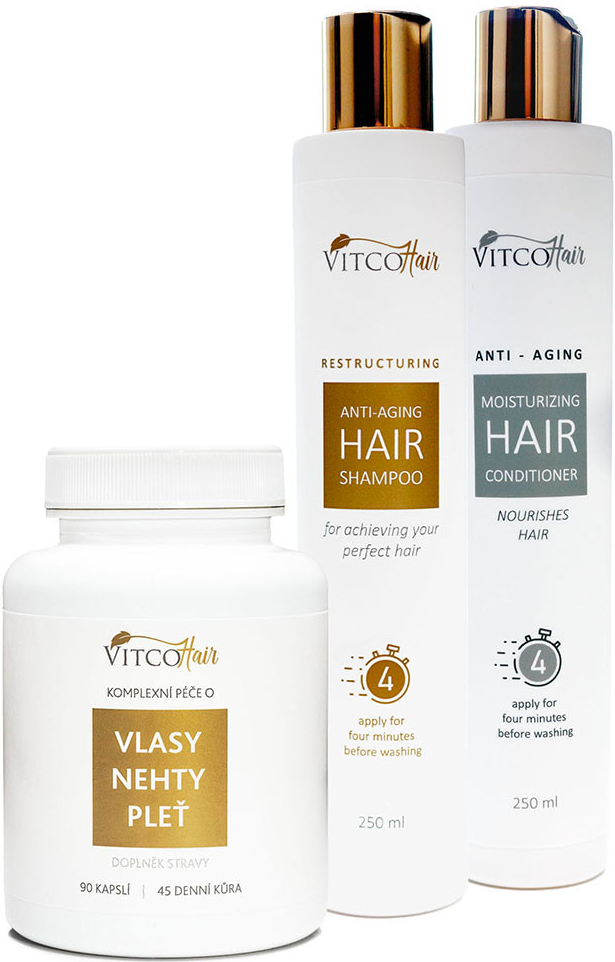 VitcoHair Shampoo 250 ml + Conditioner 250 ml + kapsle pro dokonalé vlasy, nehty a pleť 90 ks dárková sada