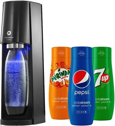 SodaStream E-Terra Black + Sirup Pepsi 440 ml + Sirup Mirinda 440 ml + Sirup 7UP 440 ml
