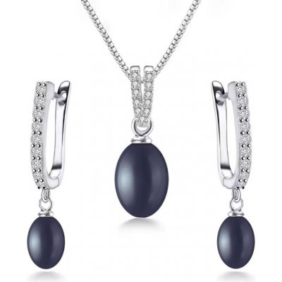 Grace Silver Jewellery Stříbrná souprava šperků s černou perlou a zirkony SET2090 Stříbrná Černá – Hledejceny.cz