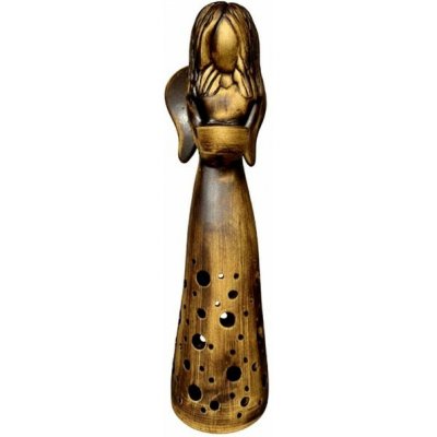 Keramický anděl,na jednu čajovou svíčku,bezpečný svícen.Rozehrajte večer hru stínů.Výška cca 47cm.Barva hnědá,režná keramika. – Hledejceny.cz