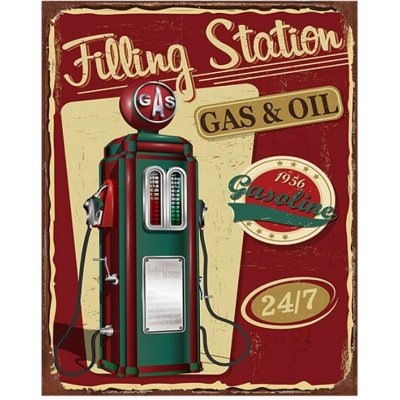 Červená nástěnná kovová cedule Station Gas & Oil – 20x1x25 cm – Zboží Mobilmania