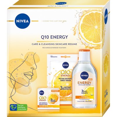 Nivea Q10 Energy denní krém 50 ml + textilní maska + micelární voda 400 ml dárková sada – Zboží Mobilmania