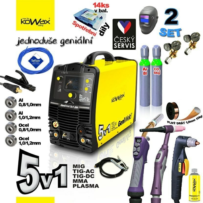 Kowax SET 2 GeniWeld 5v1 200 MIG/TIG/LIFT/MMA/PLAZMA + kukla Panter + podvozek GeniCar + redukční ventil MAX CO2 + redukční ventil MAX AR+CO2 + sv. drát pom. 1,0/15kg + separační s