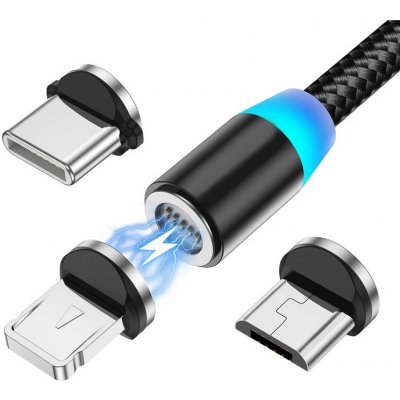 W-star MG3BK1 magnetický USB, 3v1, USBC, micro USB, lightning, 5A, Led, 1m, černý – Zbozi.Blesk.cz