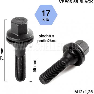 Kolový šroub M12x1,25x55, VPE03-55-BLACK, plochá podložka, CITROËN, FIAT, PEUGEOT, černý, klíč 17, výška 77 mm – Zbozi.Blesk.cz