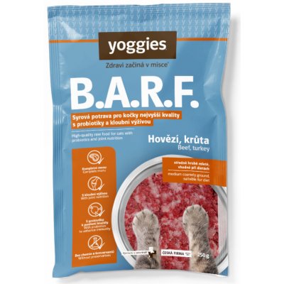 Yoggies B.A.R.F. Hovězí a krůtí komplet s brusinkami a konopným olejem s probiotiky a kloubní výživou syrová potrava pro kočky 1,5 kg
