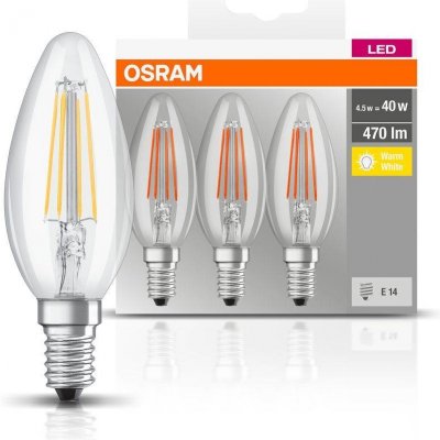 Osram sada 3x LED filamentová žárovka E14, Candle, 4W, 470lm, 2700K, teplá bílá – Zbozi.Blesk.cz