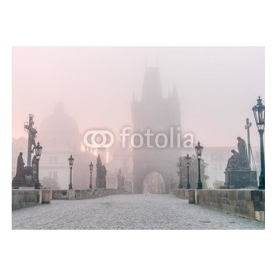 WEBLUX 85888464 Fototapeta plátno Charles Bridge in Prague at foggy morning Karlův most v Praze na mlhavém ránu rozměry 240 x 174 cm – Zboží Mobilmania