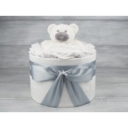 PASTELL Decor Plenkový dort jednopatrový šedobílý - medvídek Velikost plenek: Vel.3 - Miminko váží 4 až 9 kg, Velikost oblečení: 50 - Miminku jsou 0 až 2 m